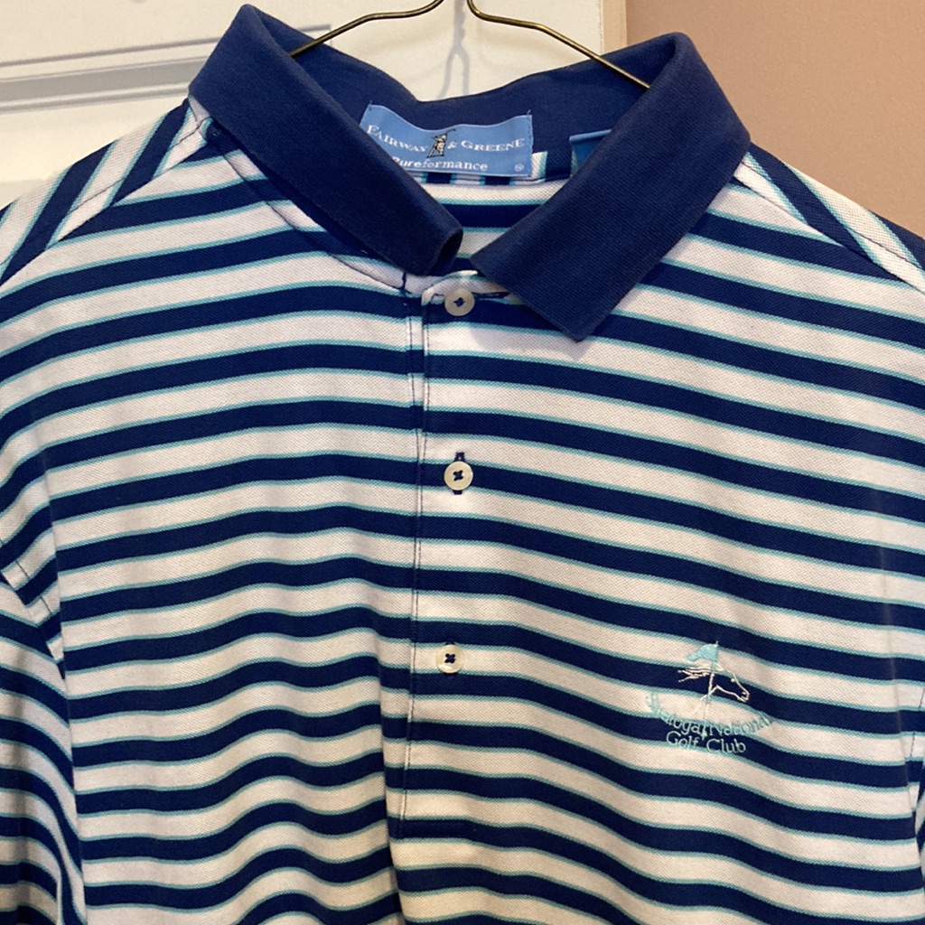 Mens Fairway  Greene Blue And White Striped Golf Shirt